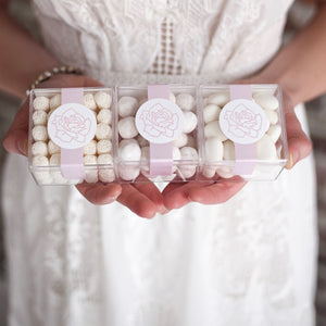 gourmet candy in customized candy cubes as wedding favors